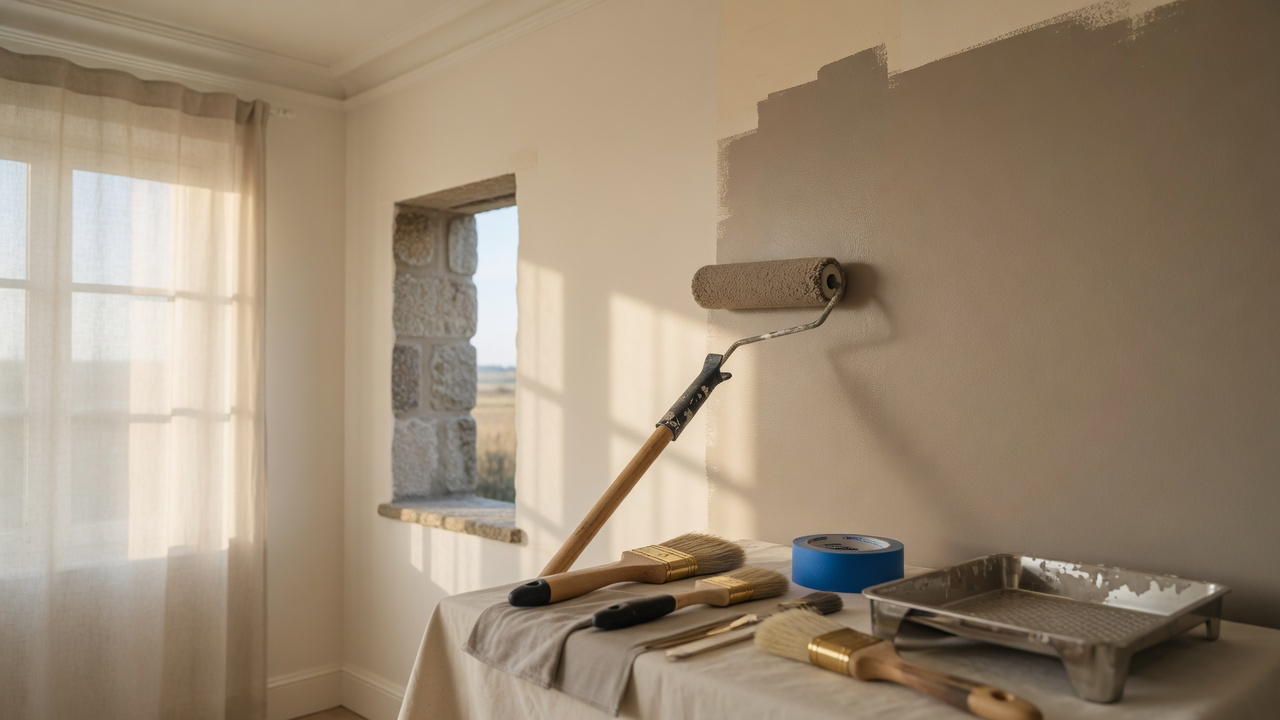Application d'une peinture greige au rouleau dans un intérieur breton par Horizon Service